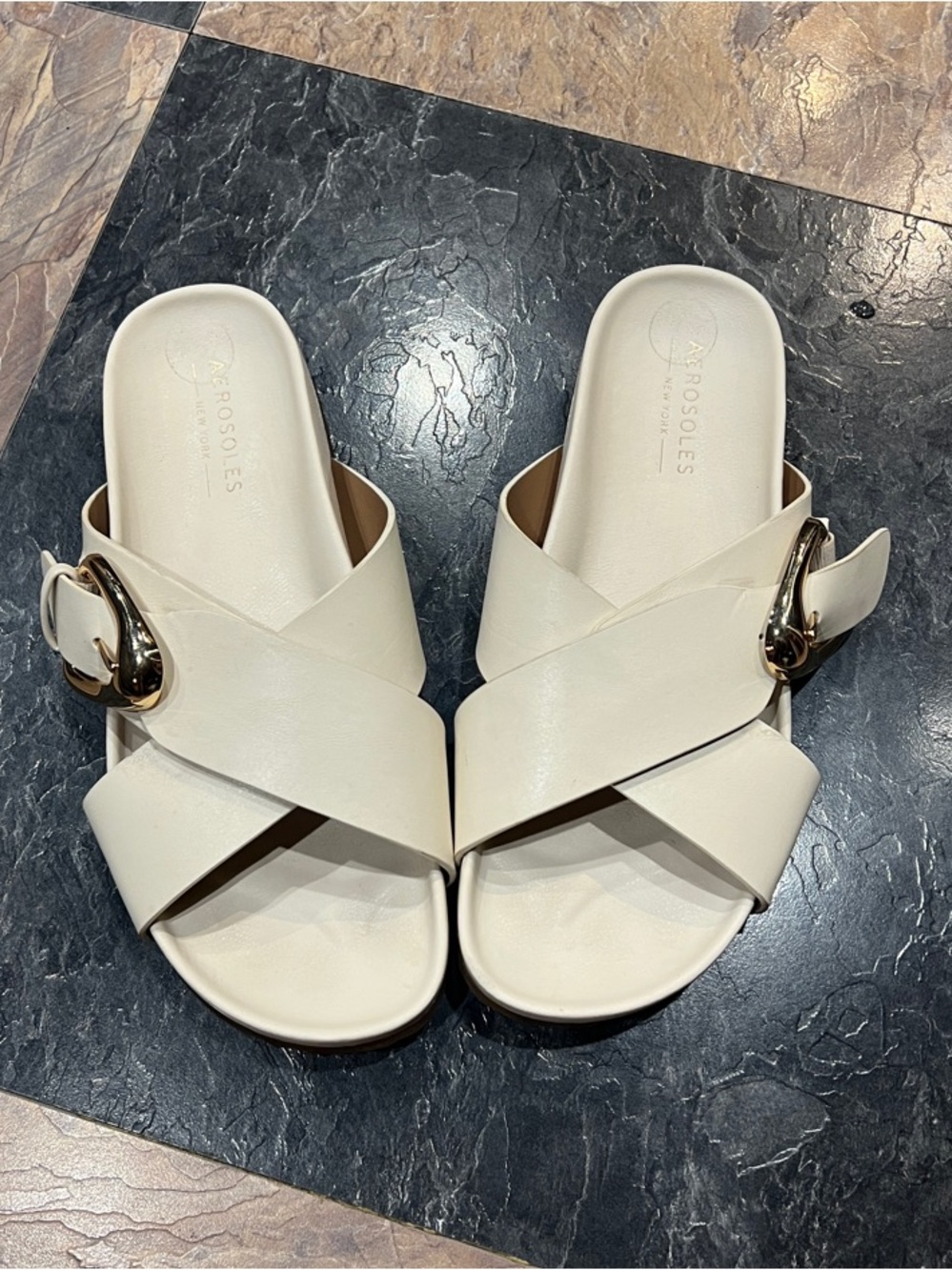 AEROSOLES Cream Crisscross Slide with Gold Buckle
